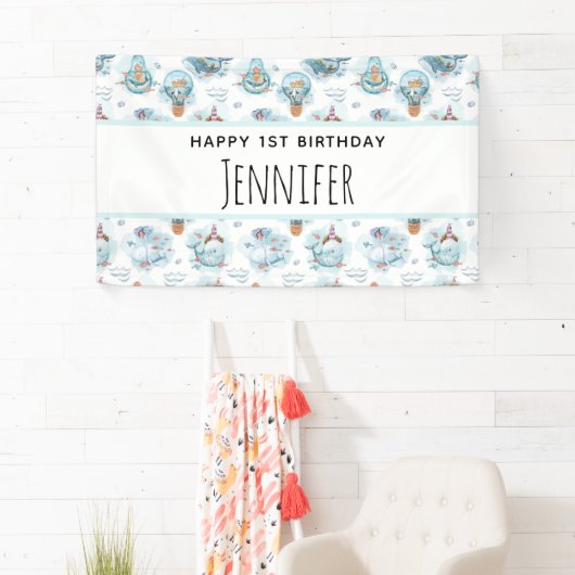 Kute Nautical Whales Waterverf Pattern Birthday Spandoek (Insitu)