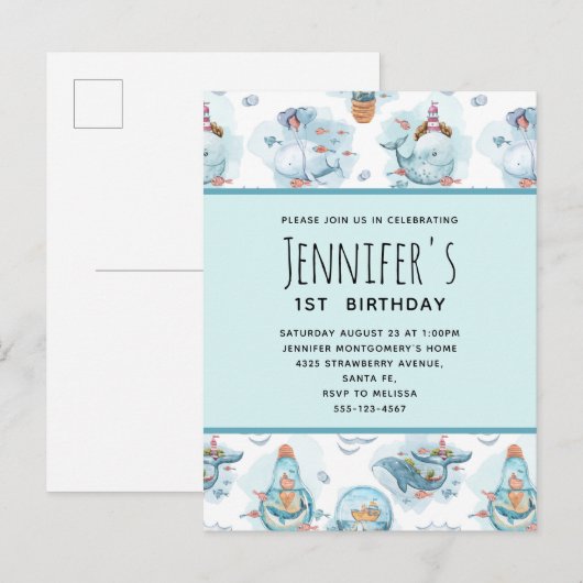 Kute Nautical Whales Waterverf Pattern Birthday Uitnodiging Briefkaart (Voorkant / Achterkant)