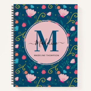 Kute Navy Blue Roze Butterfly Monogram Notitieboek