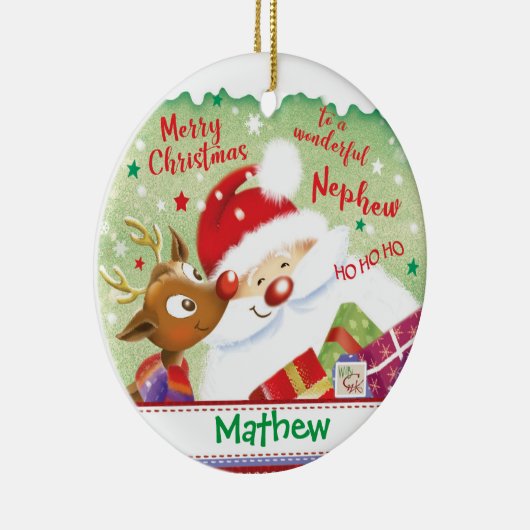 Kute Nephew, Santa, Deer en Cadeaus, Kerstmis Keramisch Ornament (Rechts)