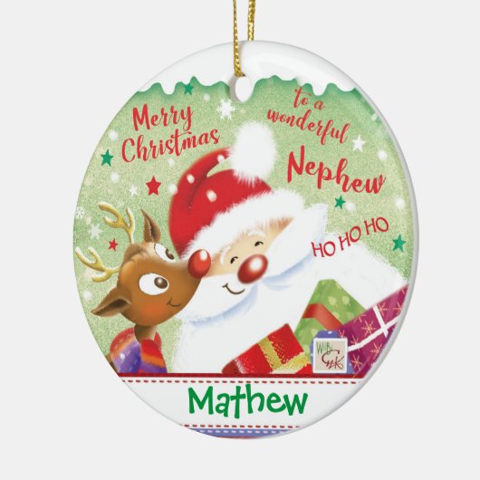 Kute Nephew, Santa, Deer en Cadeaus, Kerstmis Keramisch Ornament (Links)