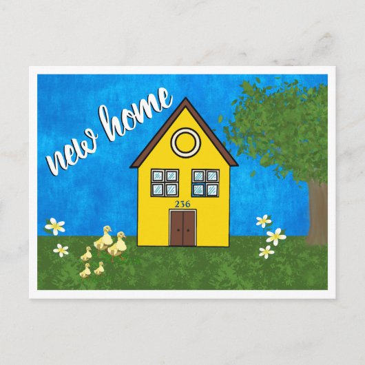 Kute New Home Yellow House Drawing Notice Aankondigingskaart (Voorkant)