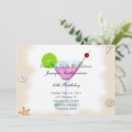 Kute New Sea Shells en Cocktails Birthday Party I Kaart (Staand voorkant)