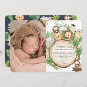 Kute Oerwoud Animals Greenery 1st Birthday Foto Bedankkaart (Voorkant / Achterkant)