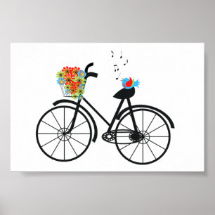 Kute Old Fashioned Bicycle Flowers and Bird Poster