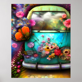 Kute old rusty Combi van bloemen 1970 blauw 3 Poster