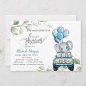 Kute olifant, auto, ballonnen, Baby shower met bla Kaart (Voorkant)