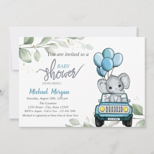 Kute olifant, auto, ballonnen, Baby shower met bla Kaart (Voorkant)
