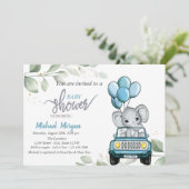 Kute olifant, auto, ballonnen, Baby shower met bla Kaart (Staand voorkant)