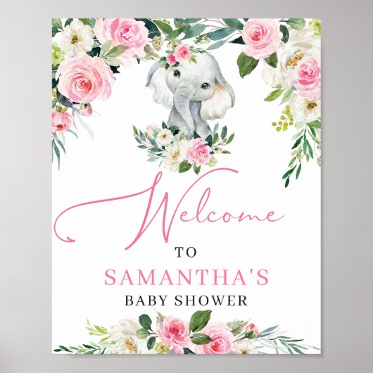 Kute olifant beide zwarte roze florale baby shower poster (Voorkant)