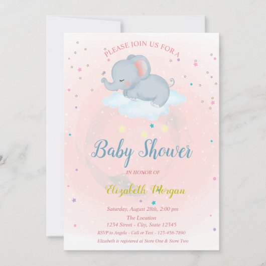 Kute olifant, Cloud, Stars Baby shower Invitation Kaart (Voorkant)