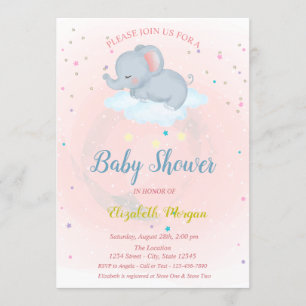 Kute olifant, Cloud, Stars Baby shower Invitation Kaart