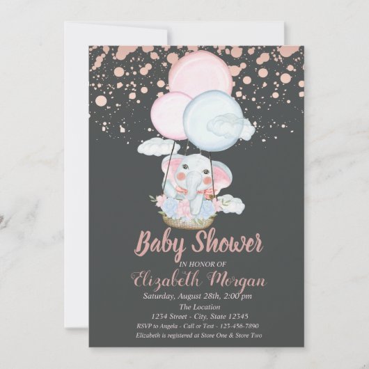 Kute olifant, luchtballon, Roos Gold Baby shower Kaart (Voorkant)