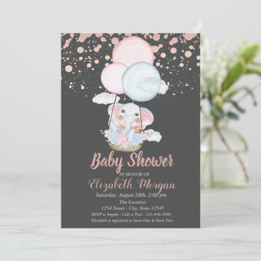 Kute olifant, luchtballon, Roos Gold Baby shower Kaart (Staand voorkant)