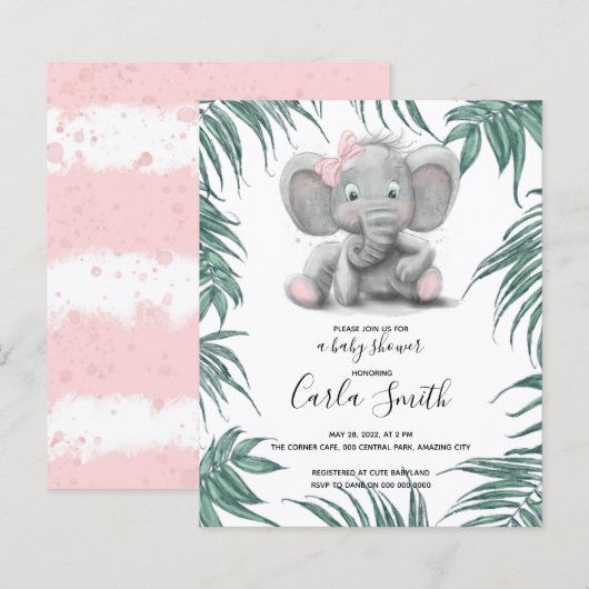 Kute olifant meisje met bladeren voor baby shower (Voorkant / Achterkant)