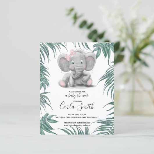 Kute olifant meisje met bladeren voor baby shower (Staand voorkant)
