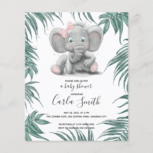 Kute olifant meisje met bladeren voor baby shower (Voorkant)