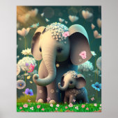 Kute Olifant Moeder en Baby Bloementuin Kunst Poster (Voorkant)