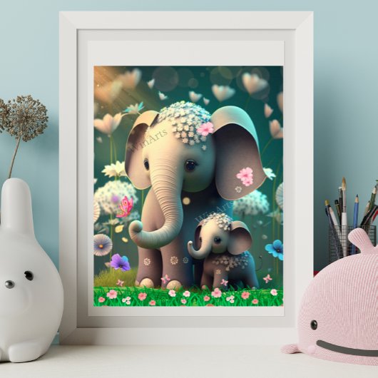 Kute Olifant Moeder en Baby Bloementuin Kunst Poster