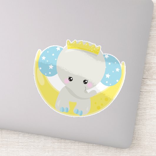 Kute olifant, olifant op de maan, kroon, sterren sticker (Detail)