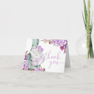 Kute olifant paarse lavender florale waterverf bedankkaart