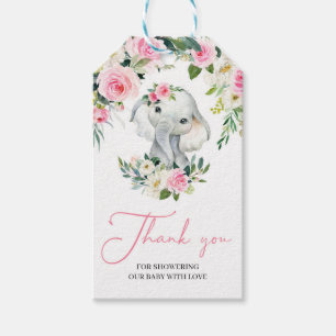Kute olifant wazig roze florale baby cadeaulabel