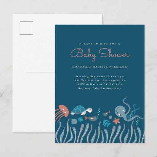 Kute onder het Baby shower Zee Ocean Critters Uitnodiging Briefkaart (Voorkant / Achterkant)
