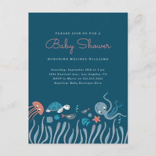 Kute onder het Baby shower Zee Ocean Critters Uitnodiging Briefkaart (Voorkant)