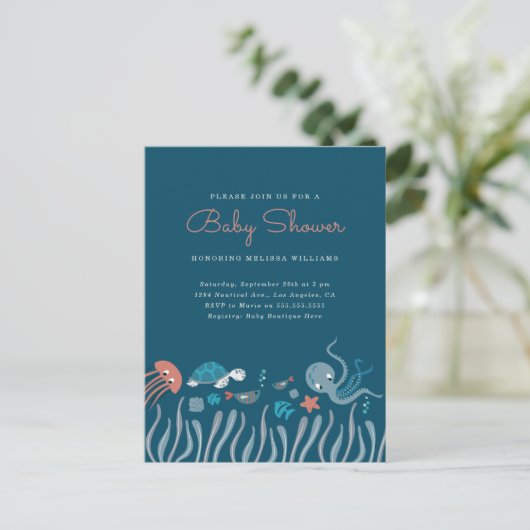 Kute onder het Baby shower Zee Ocean Critters Uitnodiging Briefkaart (Staand voorkant)