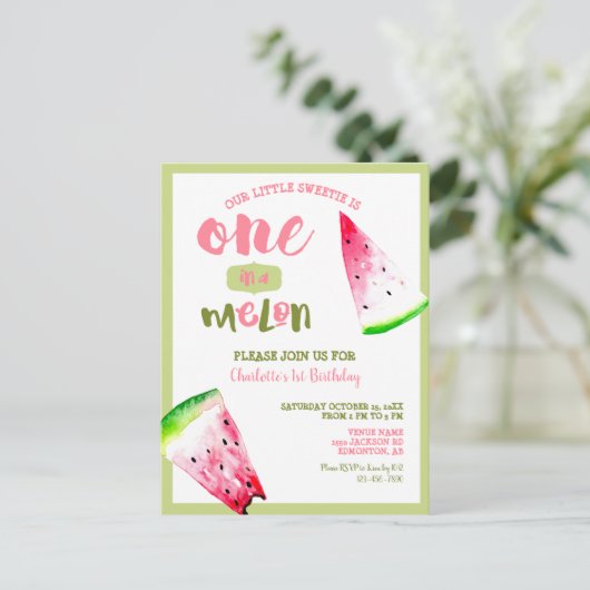 Kute One in een Melon 1st Birthday Pink Green Briefkaart (Staand voorkant)