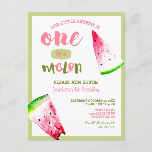 Kute One in een Melon 1st Birthday Pink Green Briefkaart (Voorkant)