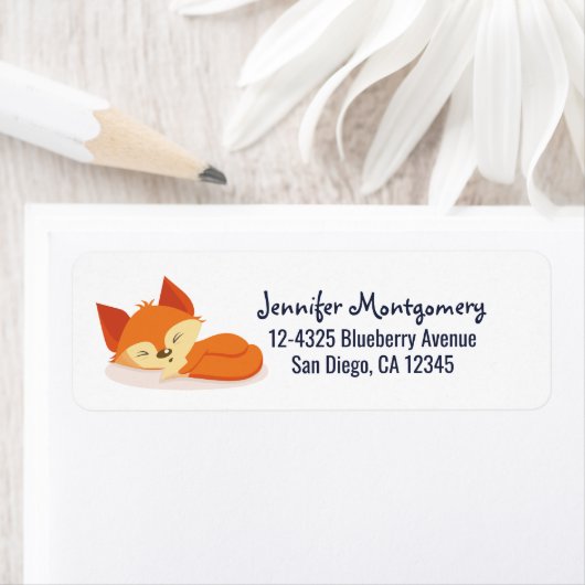 Kute Oranje Cartoon Tekening van een vos-slaapstan Etiket (Insitu)