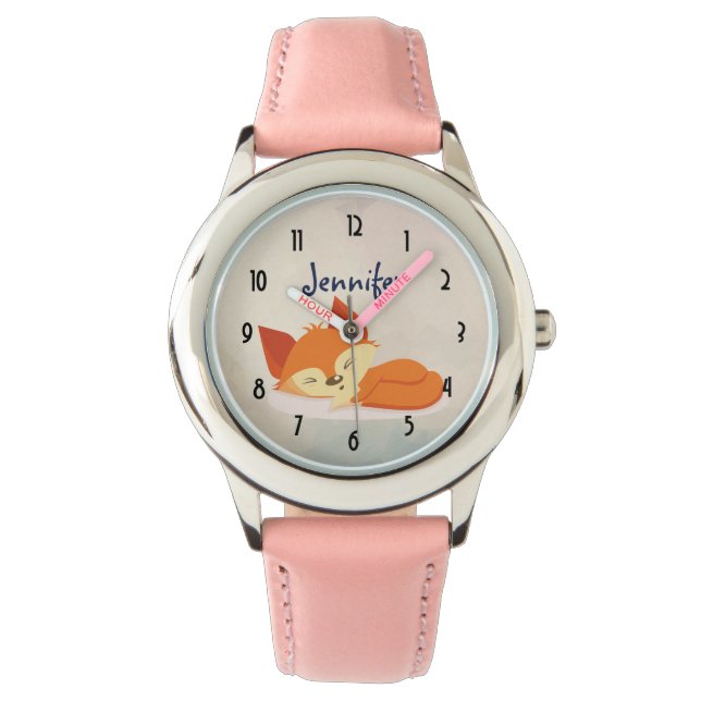 Kute Oranje Cartoon Tekening van een vos-slaapstan Horloge (Voorkant)