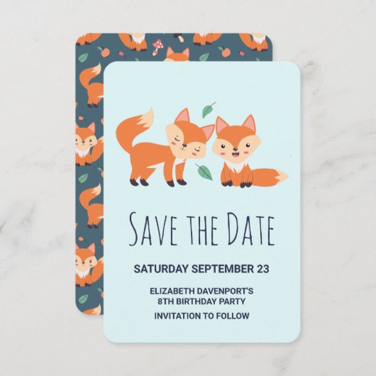 Kute Oranje Foxes Birthday Save The Date (Voorkant / Achterkant)