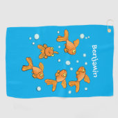 Kute oranje goudvis op blauwe cartoon illustratie golfhanddoek (Horizontaal)