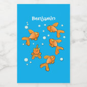 Kute oranje goudvis op blauwe cartoon illustratie voedselcontainer etiket (Enkel label)