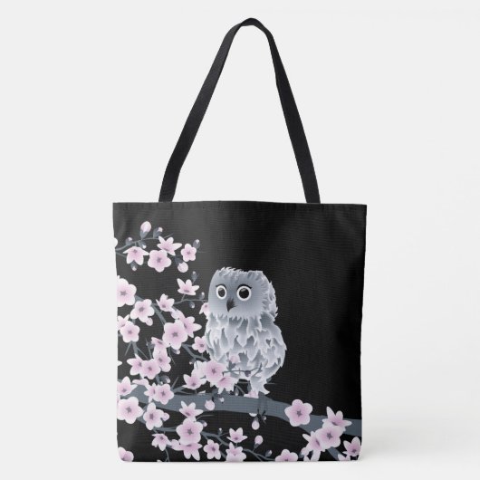 Kute Owl and Cherry Blossom Pink Black Tote Bag (Voorkant)