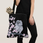 Kute Owl and Cherry Blossom Pink Black Tote Bag (Dichtbij)