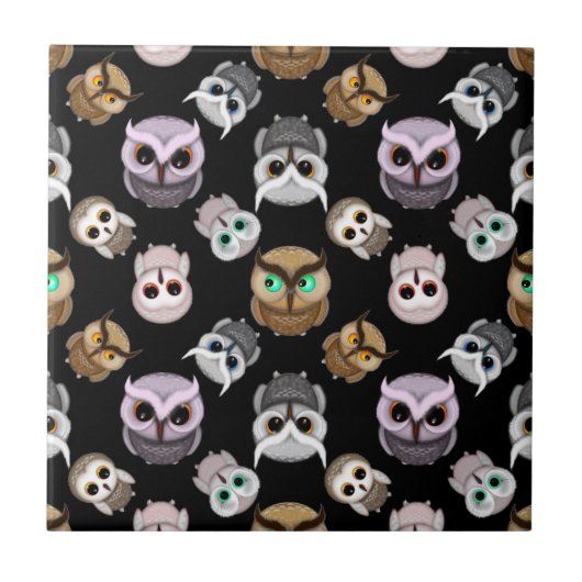 Kute Owl-illustraties op zwarte achtergrond Tegeltje (Voorkant)