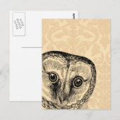 Kute  Owl in Black op Tan Damask Briefkaart (Voorkant / Achterkant)