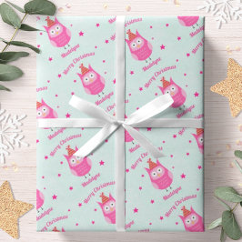 Kute Owl Kerstroze sneeuwstars gepersonaliseerd Cadeaupapier