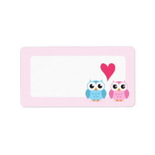Kute owl koppel met roze liefdeshart etiket