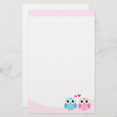 Kute owl koppel met roze liefdesharten briefpapier (Voorkant / Achterkant)