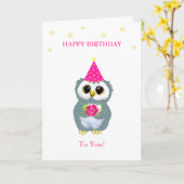 Kute Owl met Bloer & Verjaardag Wishes op White Kaart (Gele Bloem)