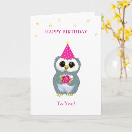 Kute Owl met Bloer & Verjaardag Wishes op White Kaart (Gele Bloem)