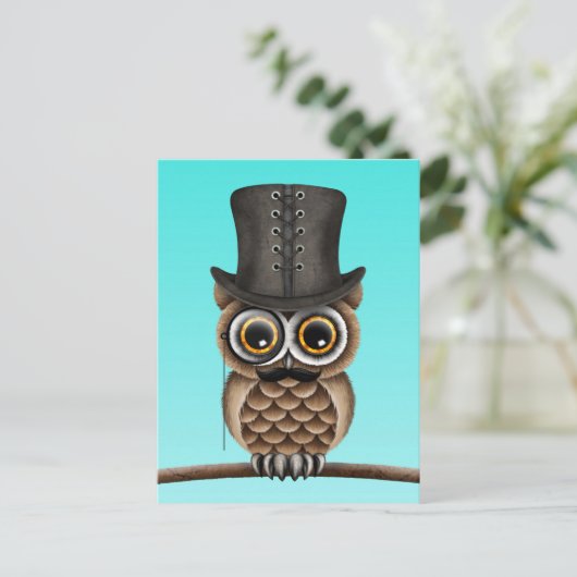 Kute Owl met monocle en top-haatblauw Briefkaart (Staand voorkant)
