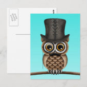 Kute Owl met monocle en top-haatblauw Briefkaart (Voorkant / Achterkant)
