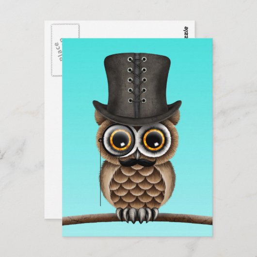 Kute Owl met monocle en top-haatblauw Briefkaart (Voorkant / Achterkant)