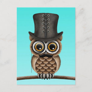 Kute Owl met monocle en top-haatblauw Briefkaart