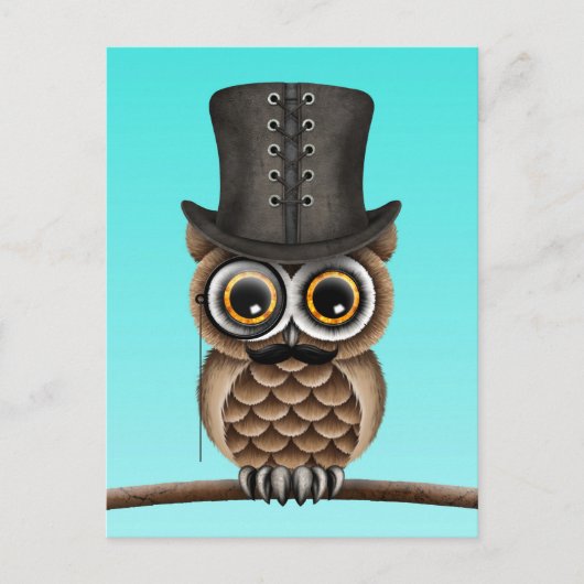 Kute Owl met monocle en top-haatblauw Briefkaart (Voorkant)